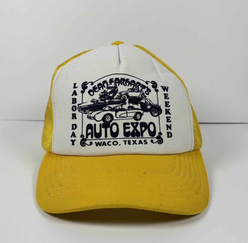 Vintage Auto Expo Waco Texas Yellow Mesh Trucker Snapback Hat Labor Day Weekend